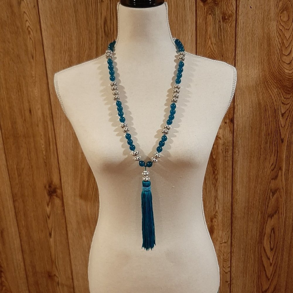 Blue and White Beaded Tassel Necklace